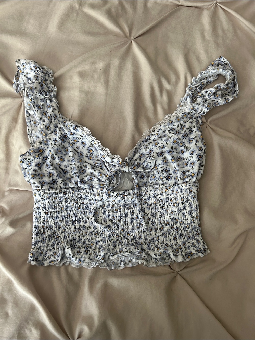 Floral Smocked Crop Top Ruffle Tie Front White Blue XS